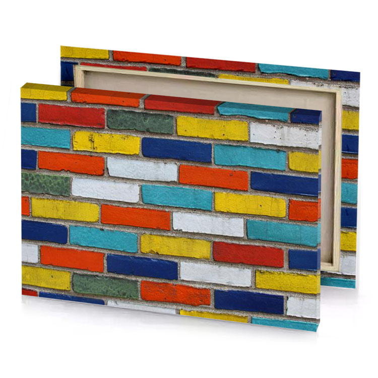 a colorful brick wall with white and red mahogany canvas