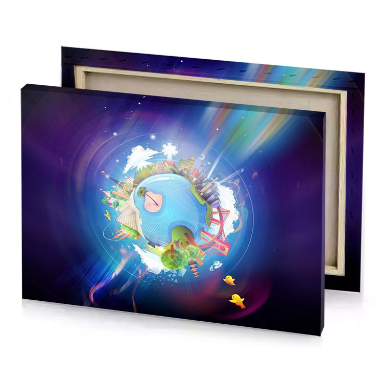 a colorful illustration of planet with people sky blue canvas
