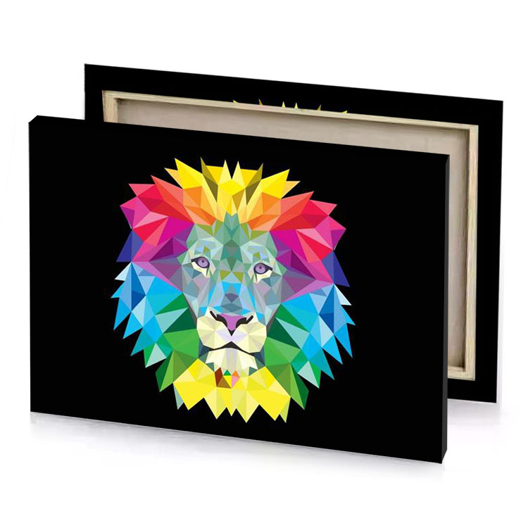 a colorful lion head with black background banana yellow canvas