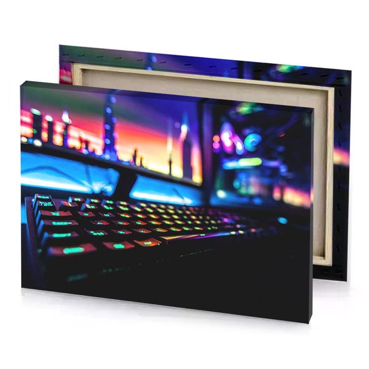 a computer keyboard with colorful light on it dodger blue canvas