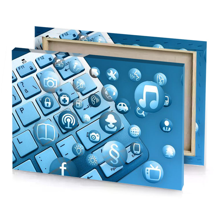a computer keyboard with many icons on it sky blue canvas