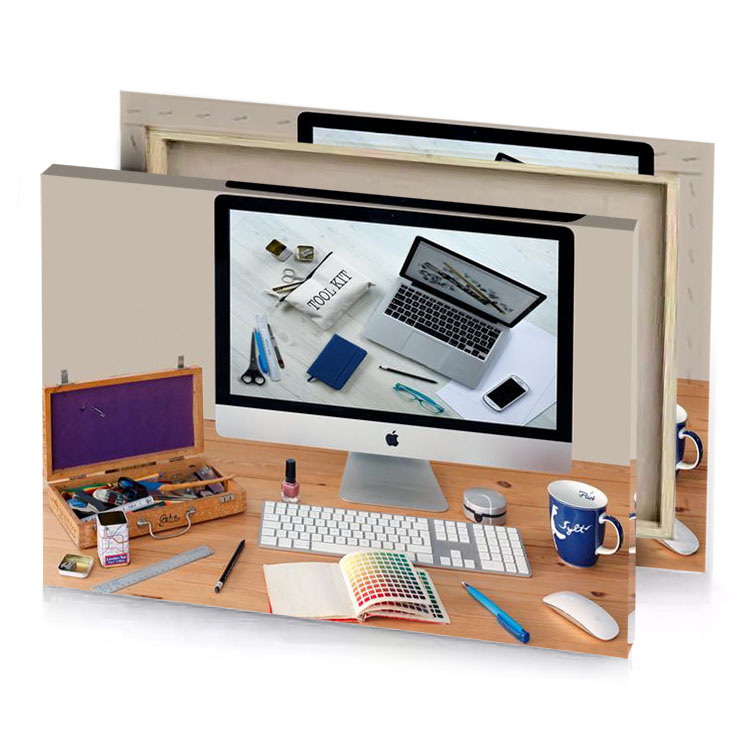 a computer monitor keyboard mouse pen and other items on silver canvas