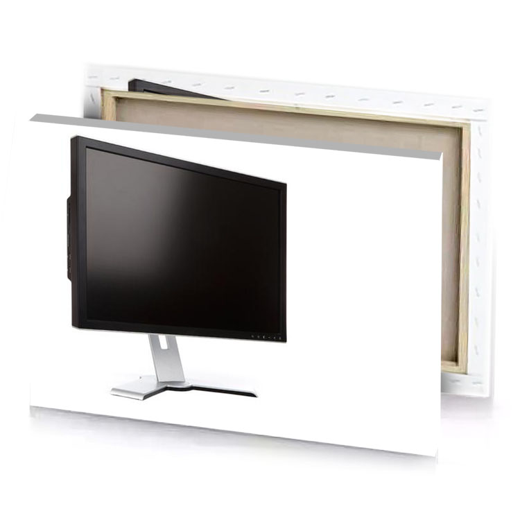 a computer monitor on white surface smoky black canvas