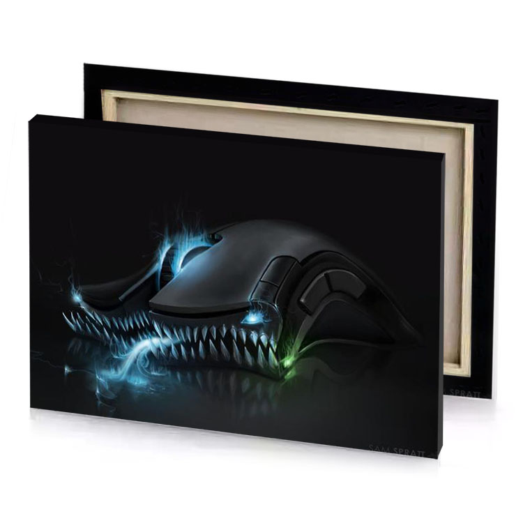 a computer mouse with glowing face taupe canvas