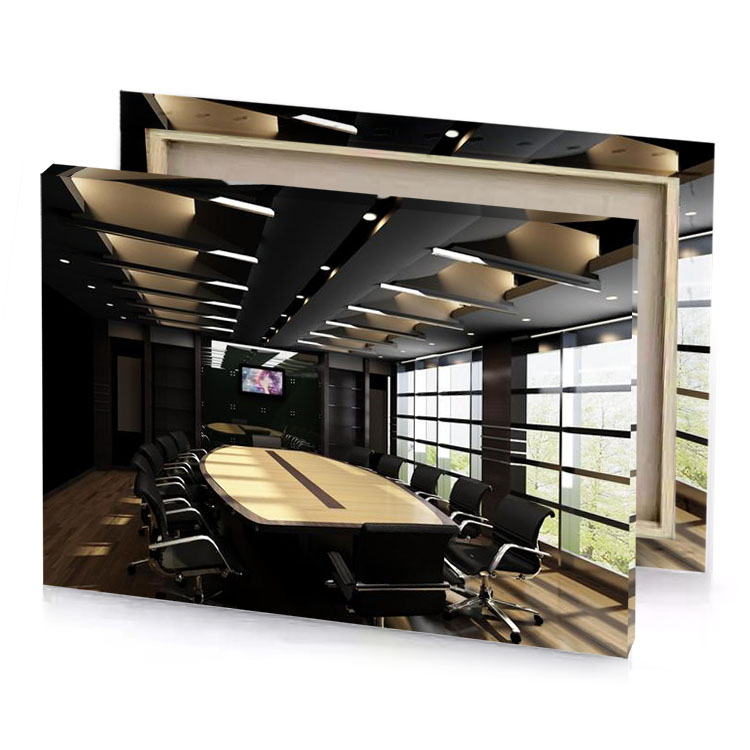a conference room with large table and chairs tan canvas