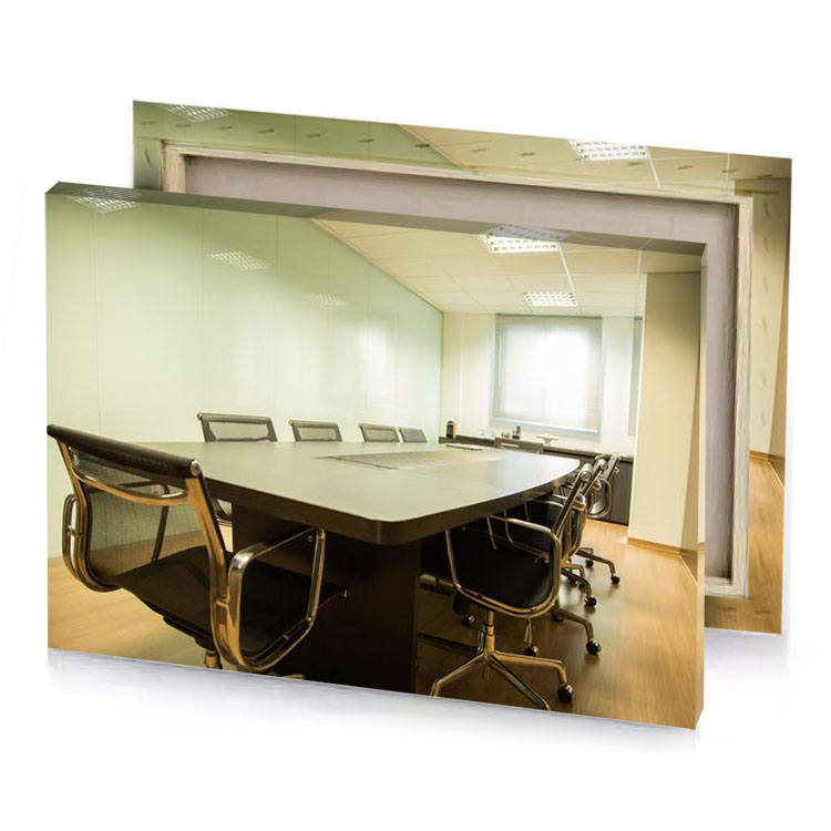 a conference room with long table and chairs silver canvas