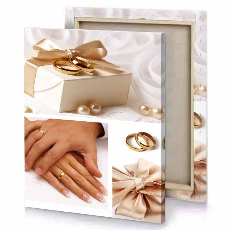 a couple holding hands with wedding rings linen canvas
