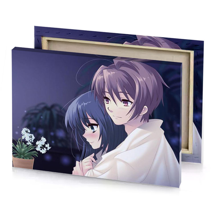 a couple hugging in front of plant dark slate blue canvas