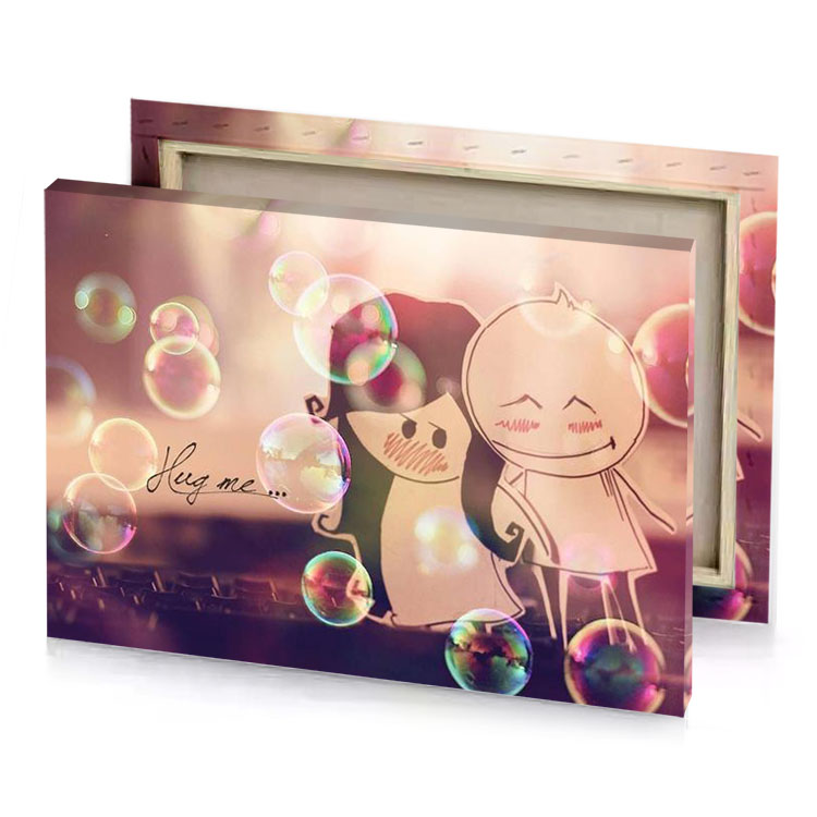 a couple is kissing in the air bubbles taupe canvas