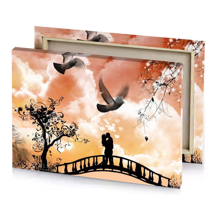 a couple is standing on bridge with birds flying around antique white canvas
