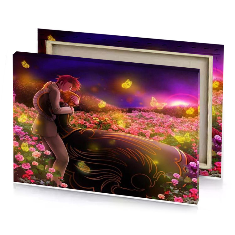 a couple kissing in field of flowers copper canvas