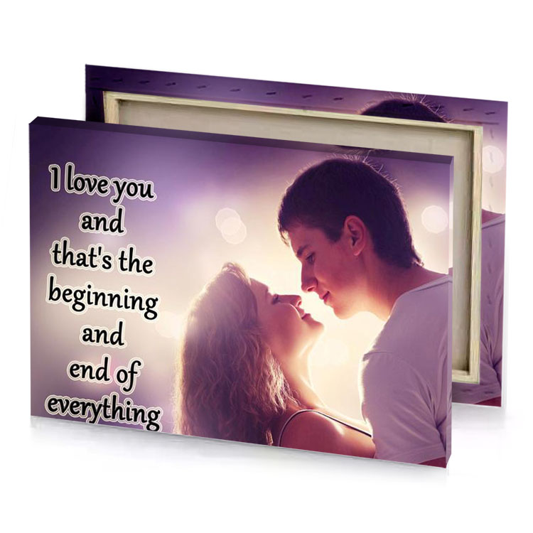 a couple kissing in front of purple background taupe canvas