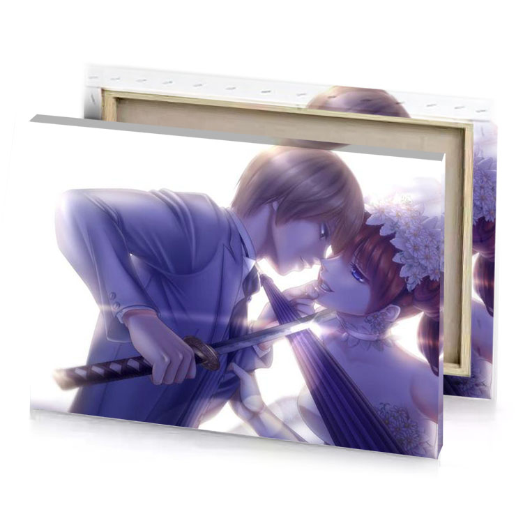 a couple kissing in front of white background dark slate blue canvas