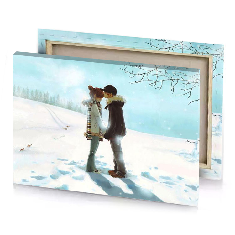 a couple kissing in the snow bistre canvas