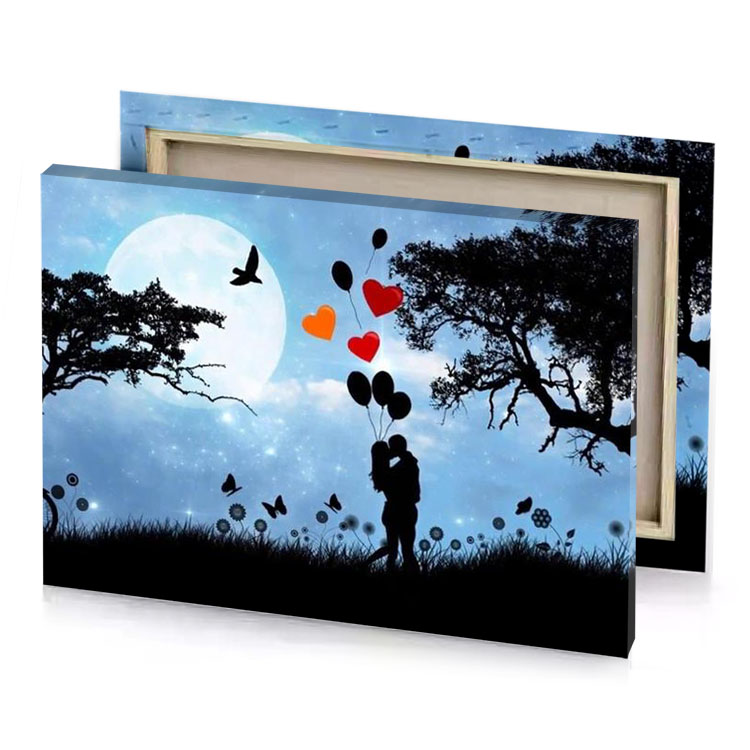a couple kissing under the moonlight with balloons light steel blue canvas