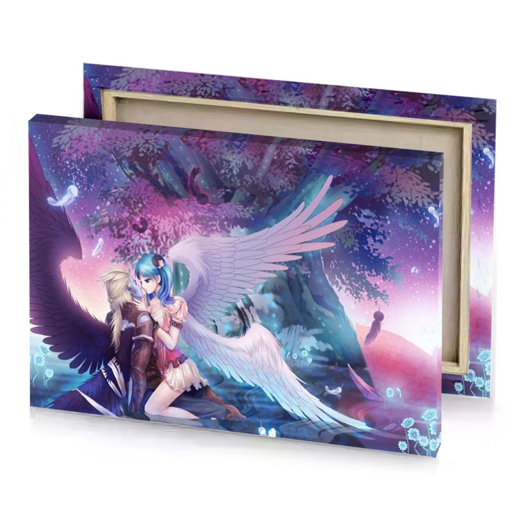 a couple of angels in the sky with tree and rose quartz canvas