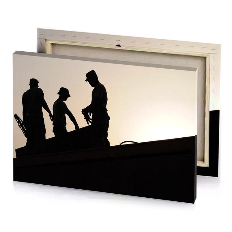 a couple of men standing on top building champagne canvas