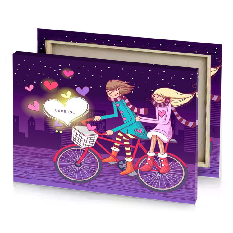 a couple riding bicycle in the city at night light sea green canvas