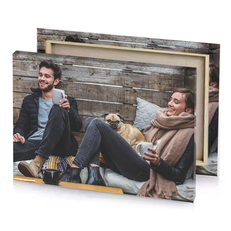 a couple sitting on couch with dog taupe canvas
