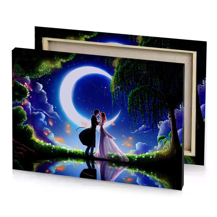 a couple standing in front of full moon midnight blue canvas