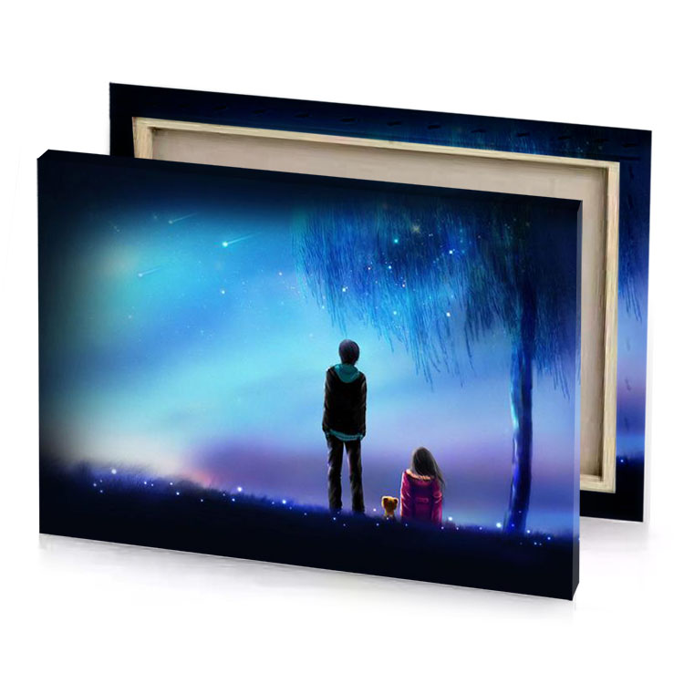 a couple standing in the moonlight looking at stars sky blue canvas