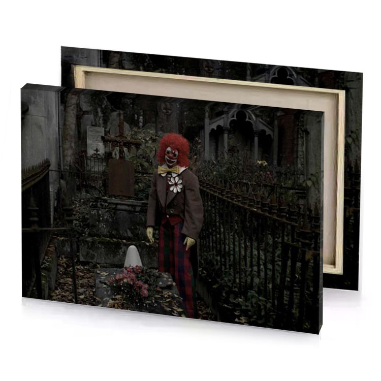 a creepy clown standing in cemetery bistre canvas