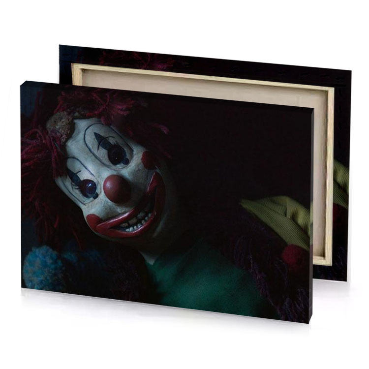 a creepy clown with red nose and green shirt slate gray canvas