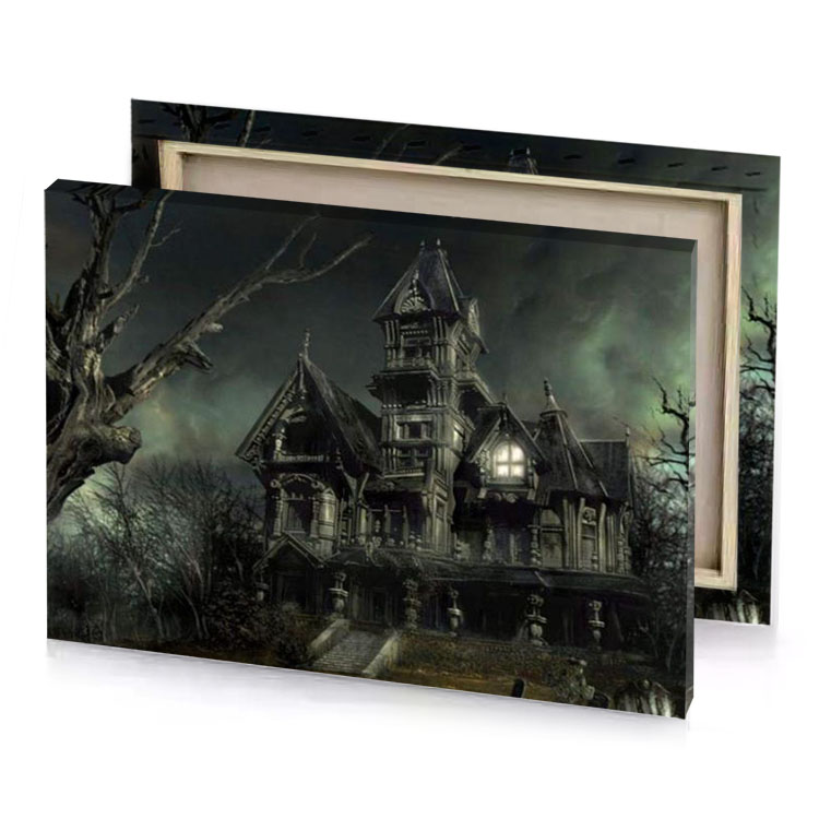 a creepy house in the middle of graveyard bistre canvas