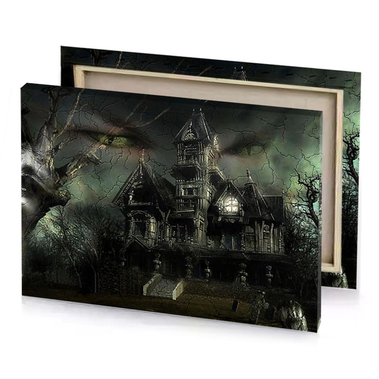 a creepy house with face and smoky black canvas