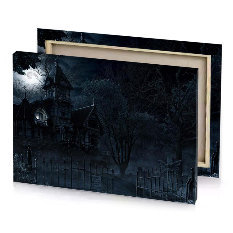 a creepy house with full moon in the background smoky black canvas