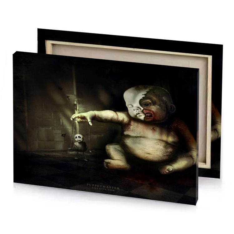 a creepy looking baby doll sitting on floor rosy brown canvas