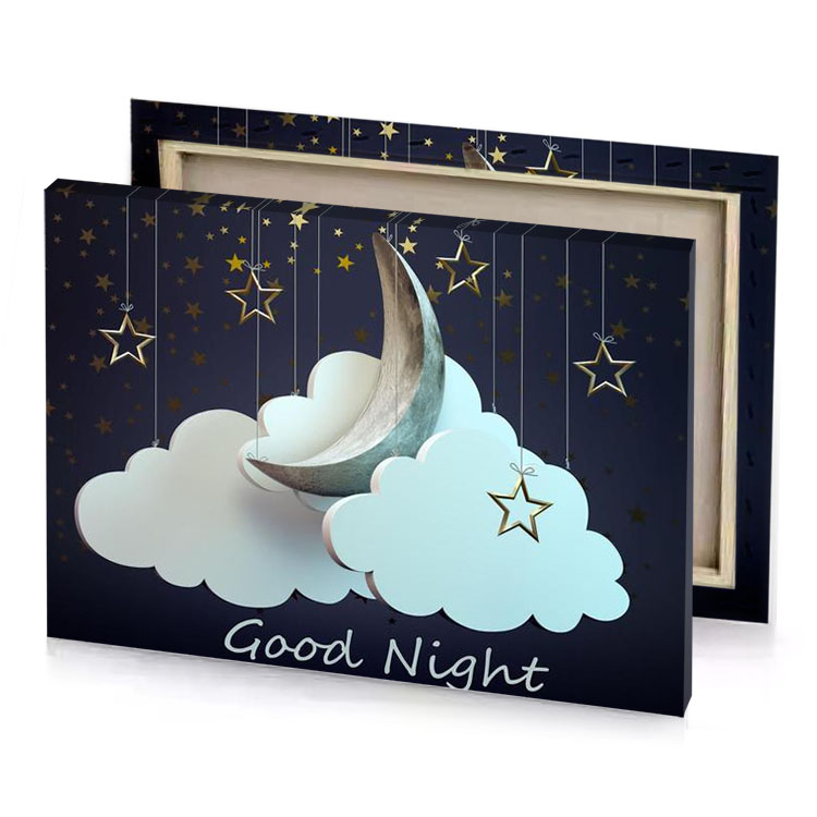 a crescent and stars hanging from the sky pale turquoise canvas