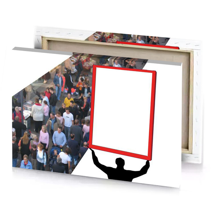 a crowd of people with large red sign lust canvas