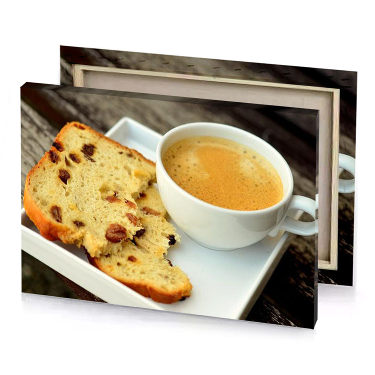 a cup of coffee and piece bread fawn canvas