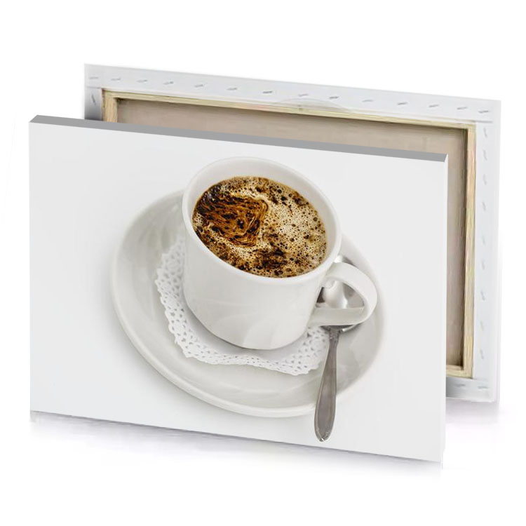 a cup of coffee with spoon on white plate silver canvas