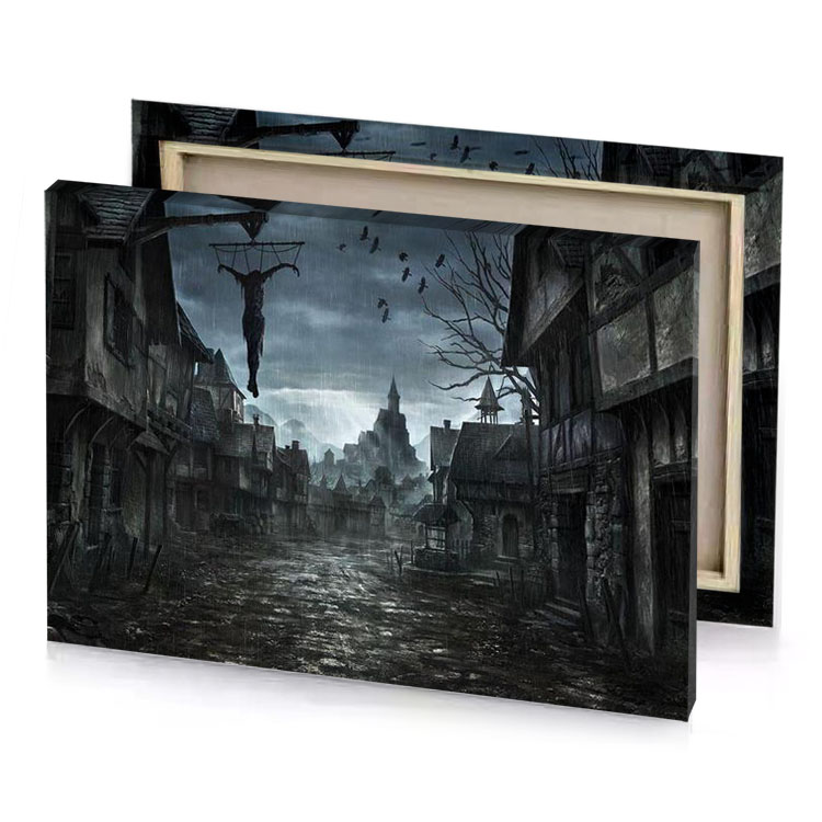 a dark alley with creepy figure hanging from the ceiling slate gray canvas