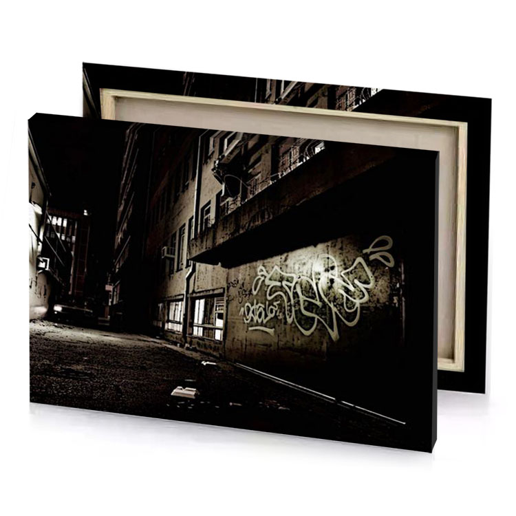 a dark alley with graffiti on the walls olive green canvas