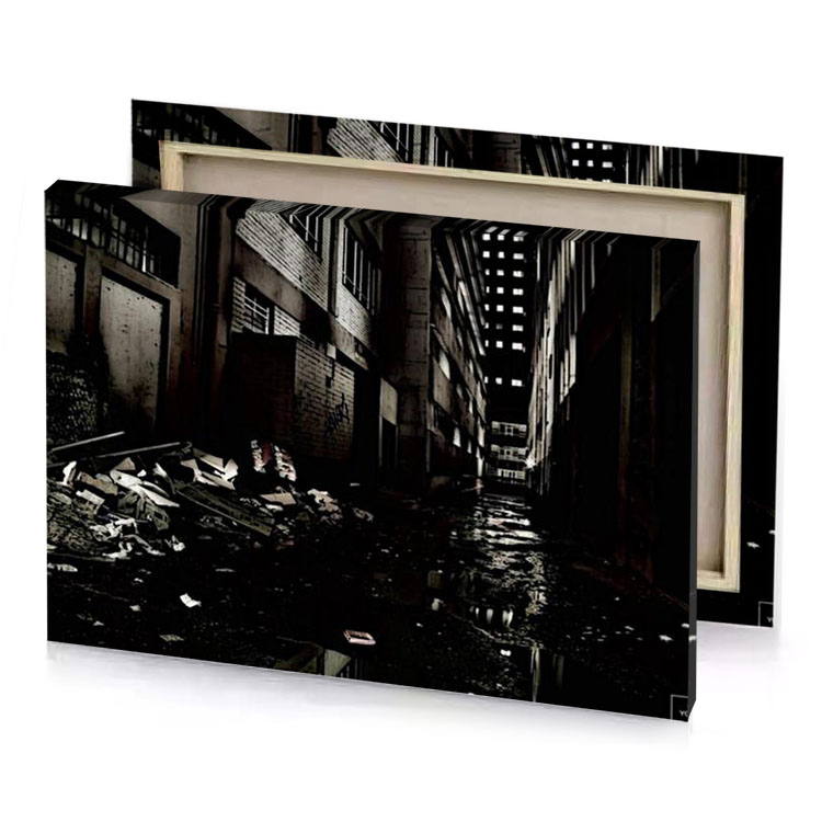 a dark alley with lots of trash and on the smoky black canvas