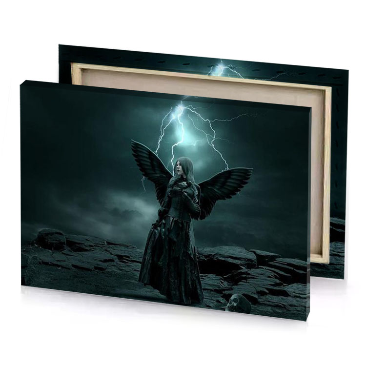 a dark angel standing on rocky hill with lightning in charcoal canvas