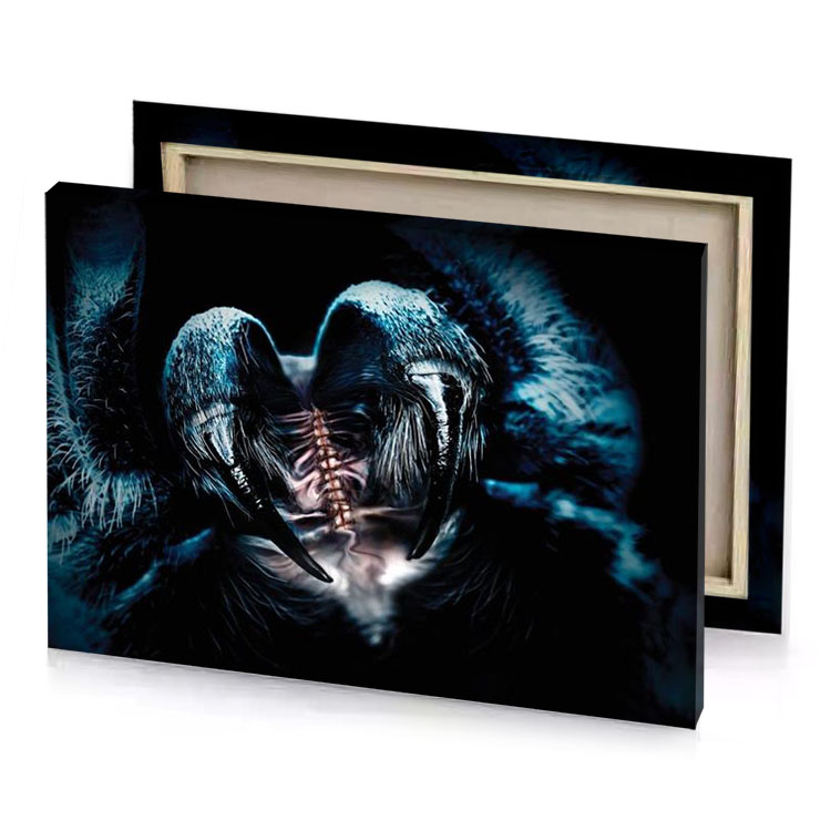 a dark angel with wings and black background gray canvas