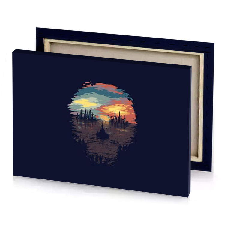 a dark background with cityscape in the middle taupe canvas
