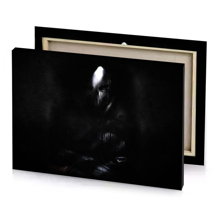 a dark background with person in the taupe canvas