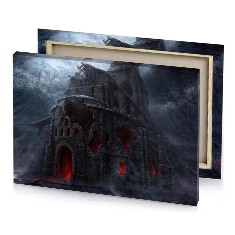 a dark castle in the woods with red lights bistre canvas