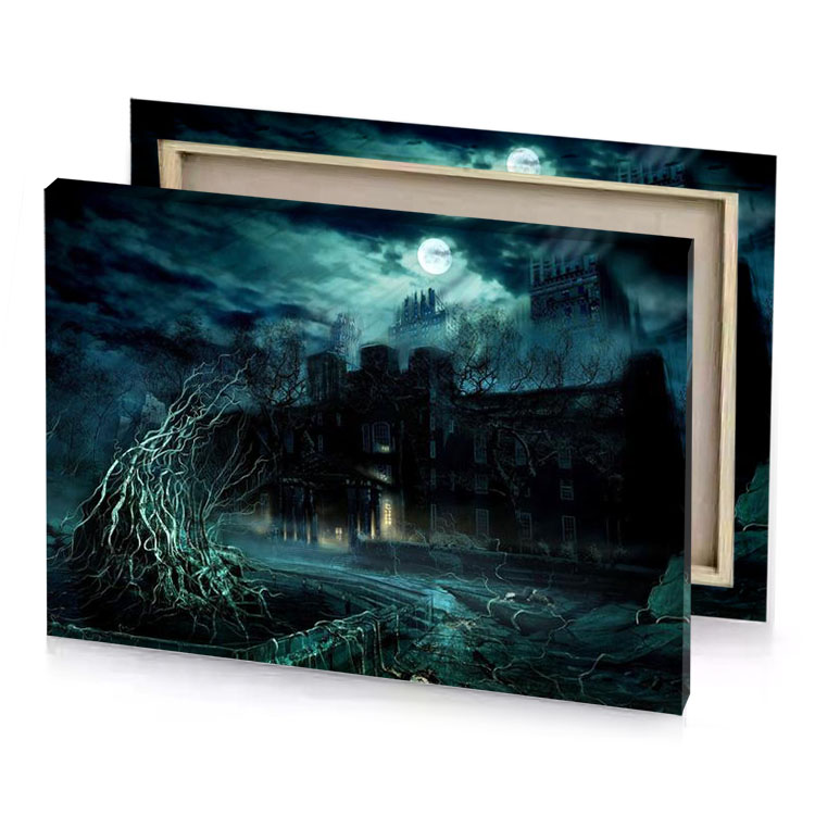 a dark creepy old house with full moon in the charcoal canvas