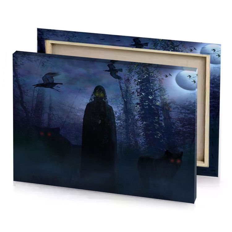 a dark forest with full moon slate blue canvas