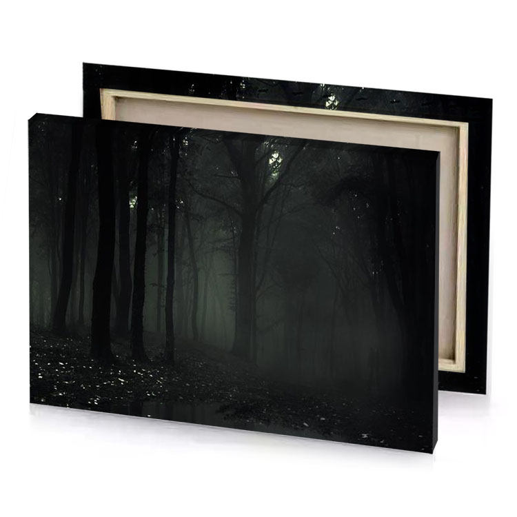 a dark forest with small stream in the middle bistre canvas