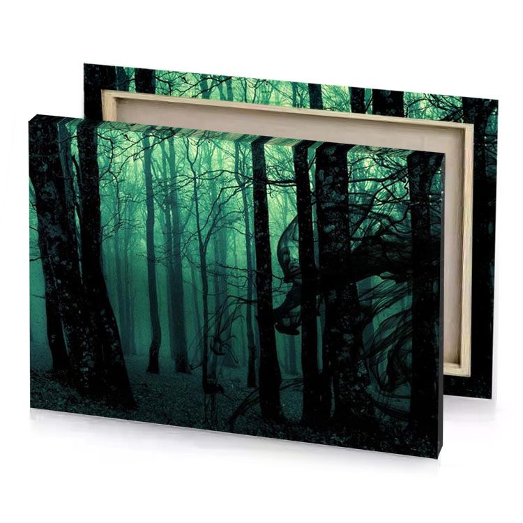 a dark forest with trees and leaves cadet blue canvas