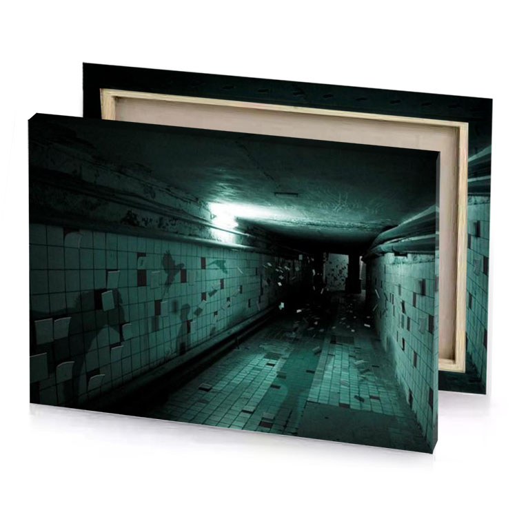 a dark hallway with tile walls and light at the charcoal canvas