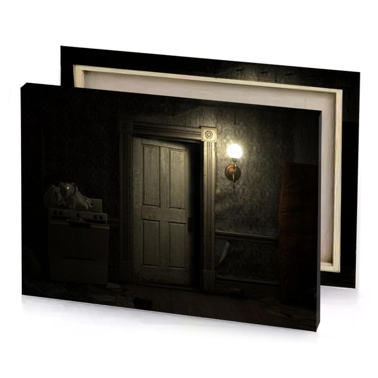 a dark room with door and light on the wall taupe canvas