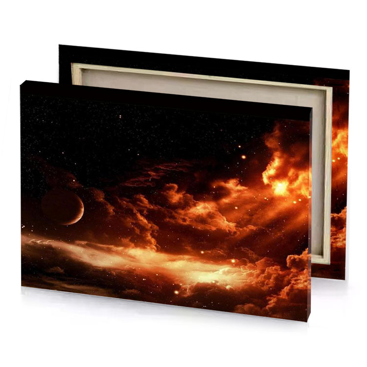 a dark sky with bright orange nebula and crescent maroon canvas